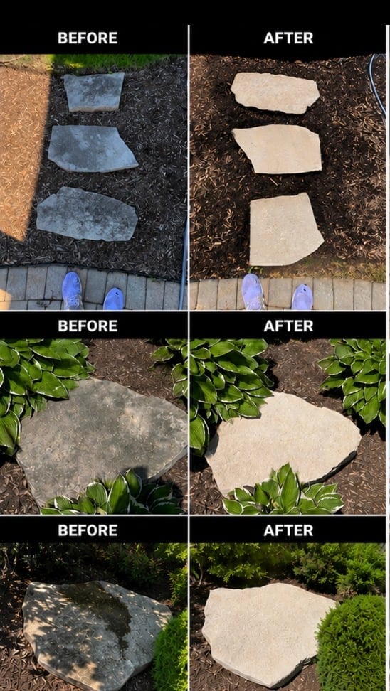 Before and after comparison of stone pavers being cleaned and restored, showing darkened dirty stones transformed to clean light-colored paving stones in garden settings