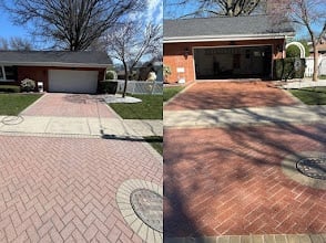 Before and after comparison of brick paver driveway cleaning and maintenance services