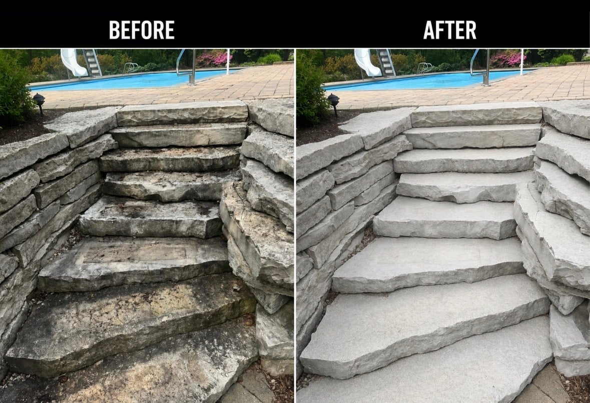 Before and after comparison of stone pool steps cleaned from dirty algae-covered condition to bright white pressure-washed surface