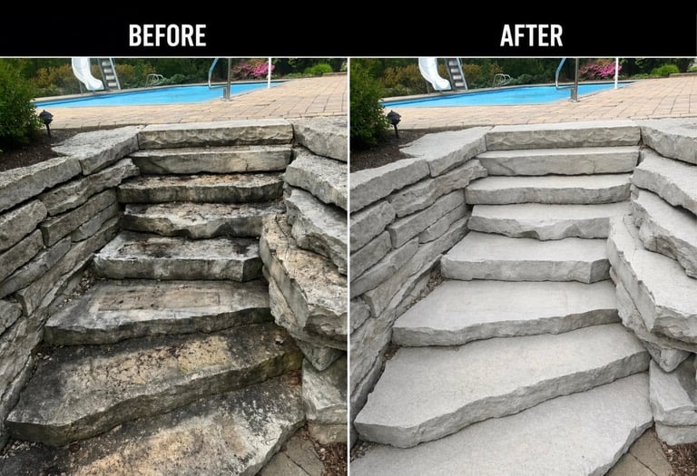 Before and after comparison of stone pool steps cleaned from dirty algae-covered condition to bright white pressure-washed surface