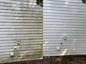 Before and after comparison of house siding cleaning, showing dirty green-stained panels on left and clean white panels on right