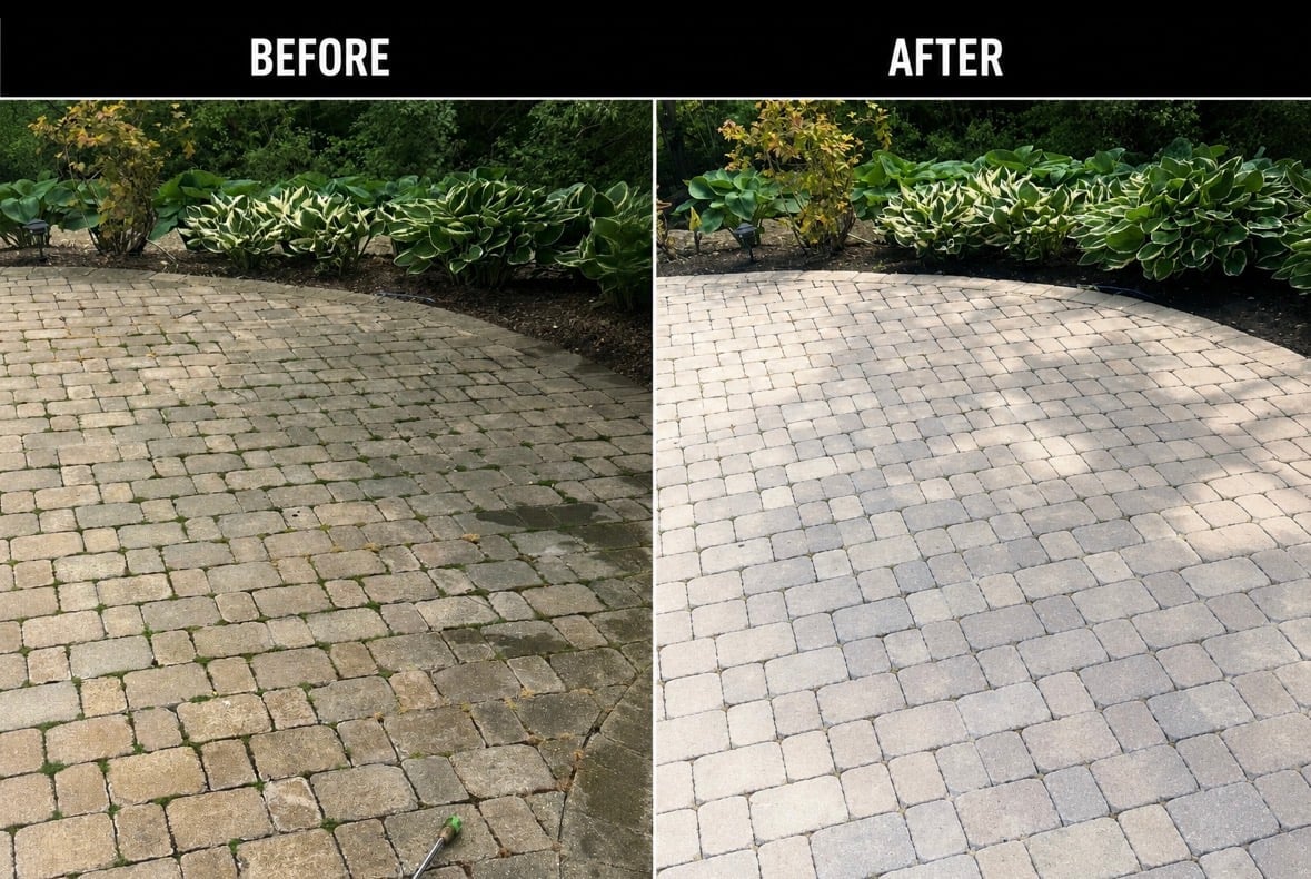 Before and after comparison of patio cleaning, showing dirty stained pavers on left and clean restored pavers on right