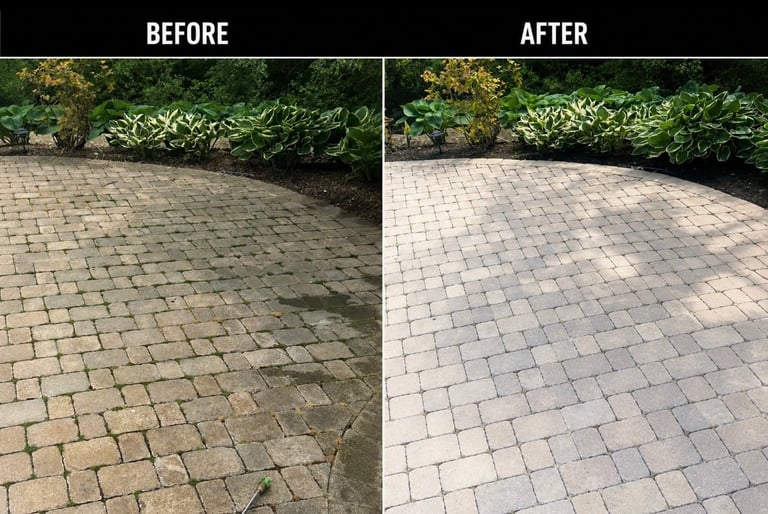 Before and after comparison of patio cleaning, showing dirty stained pavers on left and clean restored pavers on right
