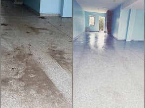 Before and after floor cleaning: left side shows dirty stained concrete floor, right side shows clean polished floor