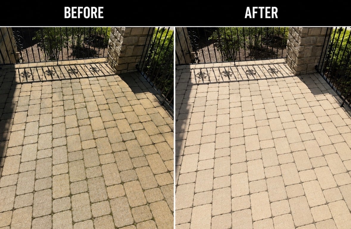 Before and after comparison of patio cleaning, showing pavers cleaned to remove dirt and stains.