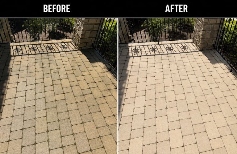 Before and after comparison of patio cleaning, showing pavers cleaned to remove dirt and stains.