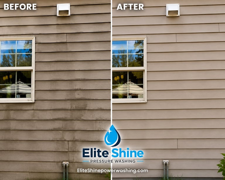 Before and after comparison of house siding cleaned by Elite Shine pressure washing service