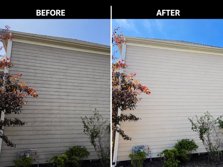 Before and after comparison of house siding cleaning, showing darkened discolored siding on left and bright restored siding on right