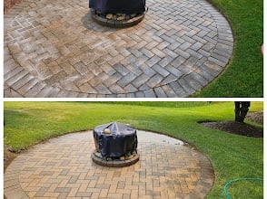 Two views of a round paver patio with a black grill or fire pit in center, surrounded by green lawn