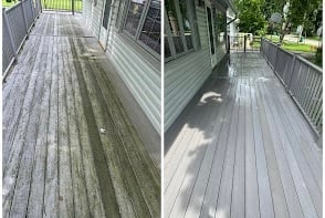 Before and after comparison of deck cleaning, showing algae-covered wood on left and pressure-washed clean deck on right